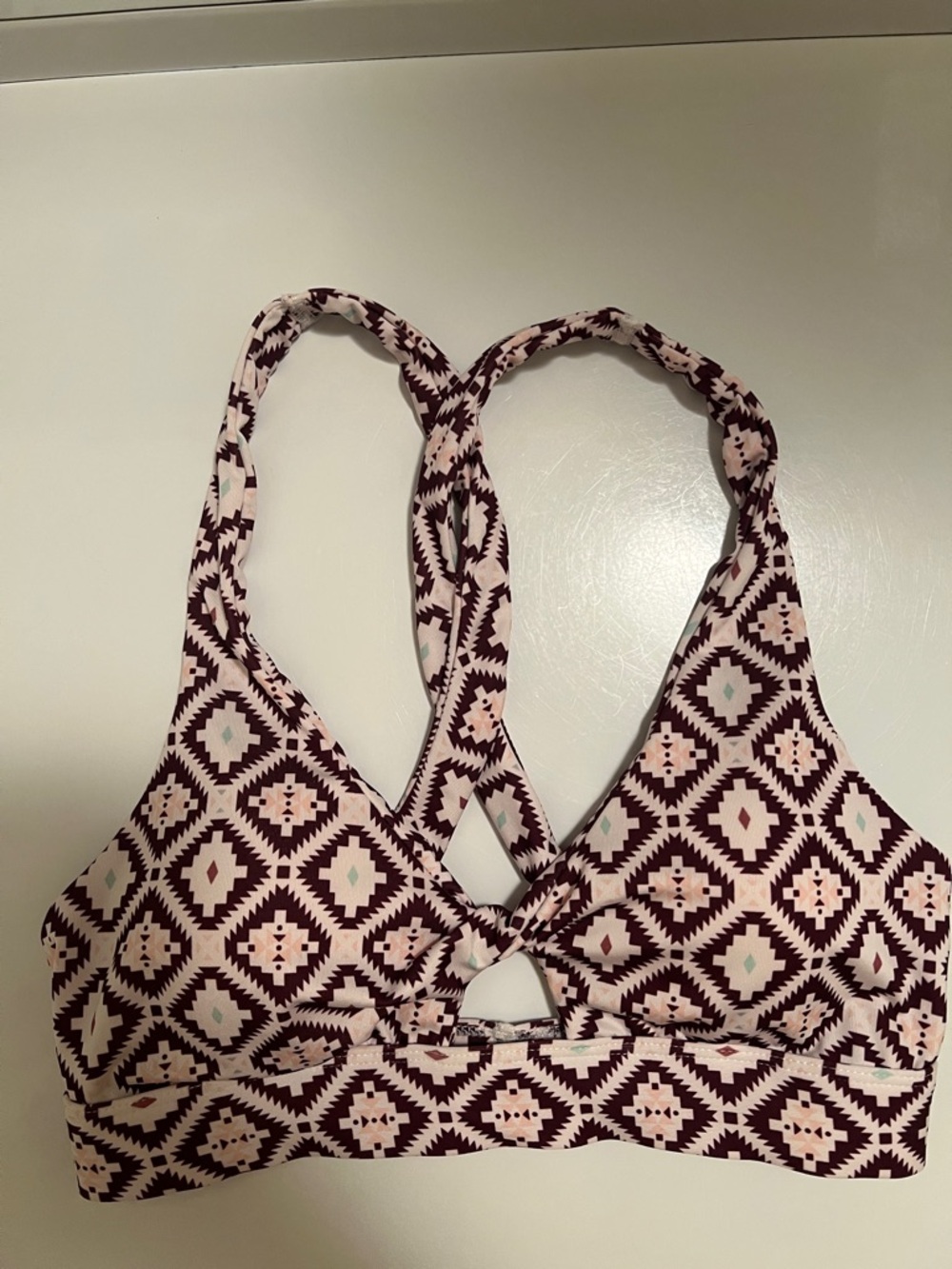 Geometric Print Bralette Bikini Top - Pink & Burgundy/Plum